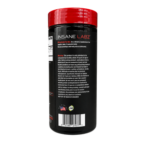 A black plastic bottle of INSANE LABZ dietary supplement with a red cap, showing the back label with text, warnings, and a barcode on a white background.