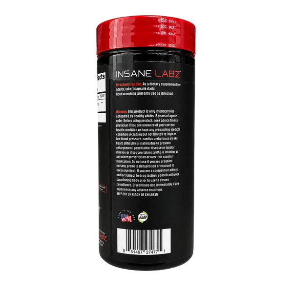 A black plastic bottle of INSANE LABZ dietary supplement with a red cap, showing the back label with text, warnings, and a barcode on a white background.