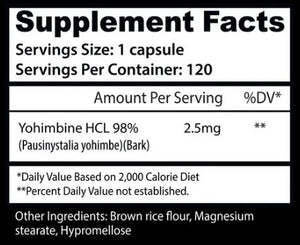 A black and white Supplement Facts label showing yohimbine HCL 98% at 2.5mg, with serving size 1 capsule and 120 servings per container.