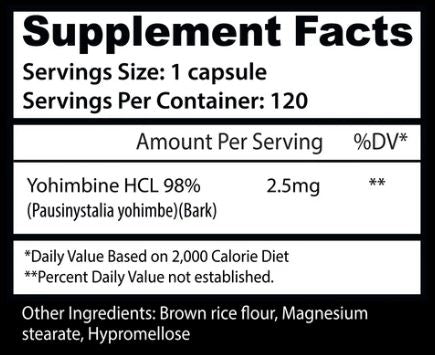 A black and white Supplement Facts label showing yohimbine HCL 98% at 2.5mg, with serving size 1 capsule and 120 servings per container.