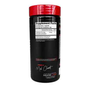 A black supplement bottle with a bright red cap, showing the back label with 'Supplement Facts' and branding for INSANE LABZ.