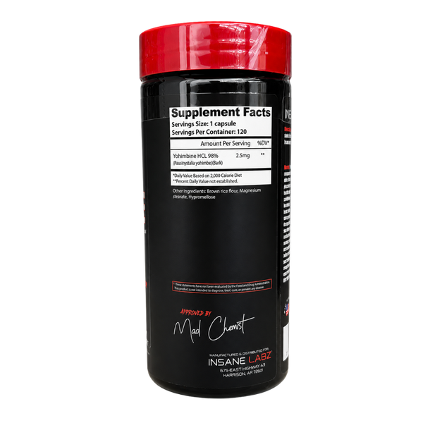 A black supplement bottle with a bright red cap, showing the back label with 'Supplement Facts' and branding for INSANE LABZ.