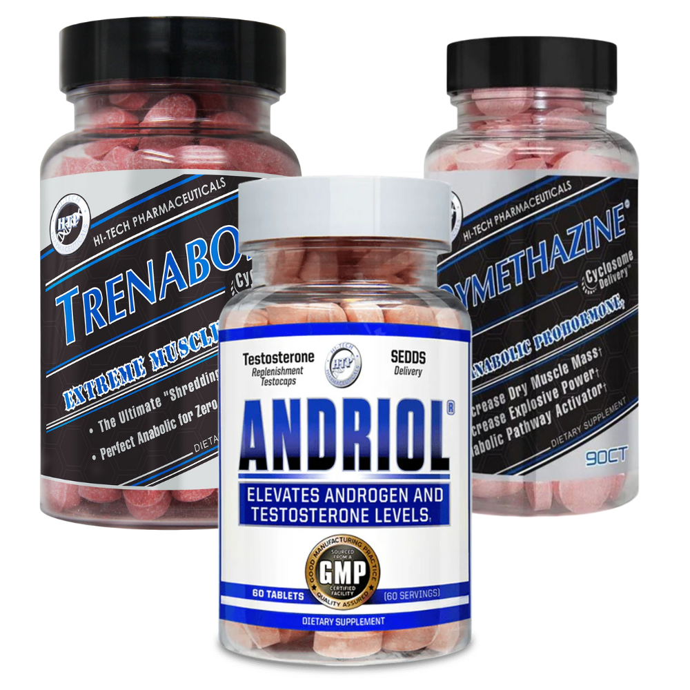 Three bottles of Hi-Tech Pharmaceuticals supplements on a white background. These supplements include Trenabol, Andriol, and Dymethazine.