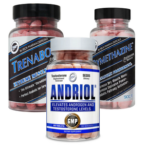 Three bottles of Hi-Tech Pharmaceuticals supplements on a white background. These supplements include Trenabol, Andriol, and Dymethazine.