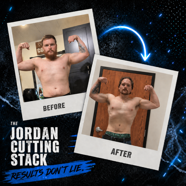 A before/after image of a man. In the before he is heavier and in the 2nd photo he has packed muscle.