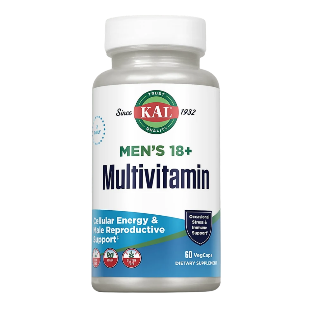 A white bottle of KAL Men's 18+ Multivitamin dietary supplement with a white cap, featuring a white label with green, blue, and red text and graphics.