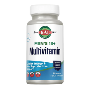 A white bottle of KAL Men's 18+ Multivitamin dietary supplement with a white cap, featuring a white label with green, blue, and red text and graphics.