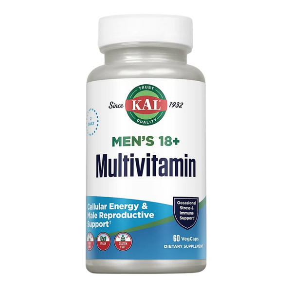 A white bottle of KAL Men's 18+ Multivitamin dietary supplement with a white cap, featuring a white label with green, blue, and red text and graphics.