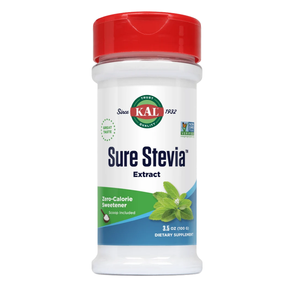 A 3.5 oz white plastic bottle of KAL Sure Stevia Extract dietary supplement with a red flip-top cap, shown on a plain white background.