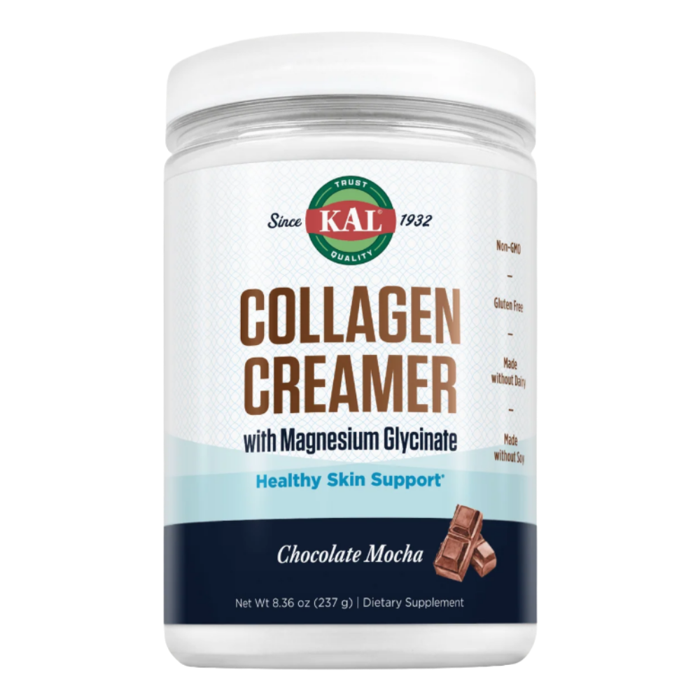 A white plastic jar of KAL Collagen Creamer with Magnesium Glycinate in Chocolate Mocha flavor, shown on a clean white background.