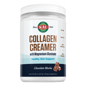 A white plastic jar of KAL Collagen Creamer with Magnesium Glycinate in Chocolate Mocha flavor, shown on a clean white background.