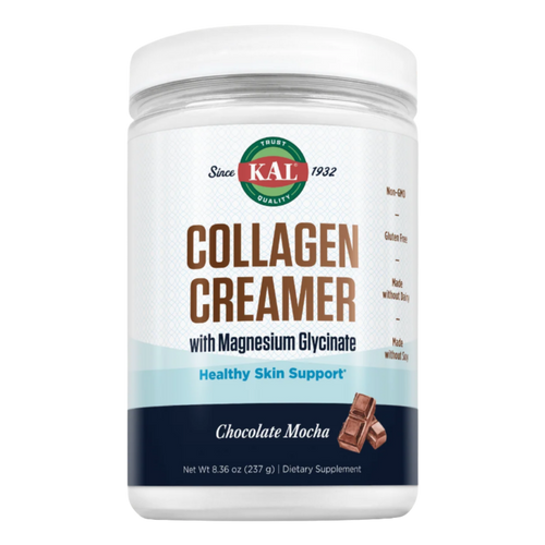A white plastic jar of KAL Collagen Creamer with Magnesium Glycinate in Chocolate Mocha flavor, shown on a clean white background.