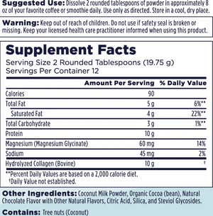 Supplement Facts label from a powdered protein product, showing serving size, calories, fat, carbohydrates, protein, magnesium, sodium, and hydrolyzed collagen content, with usage and warning text above.