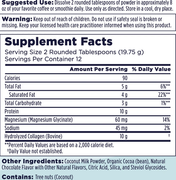 Supplement Facts label from a powdered protein product, showing serving size, calories, fat, carbohydrates, protein, magnesium, sodium, and hydrolyzed collagen content, with usage and warning text above.