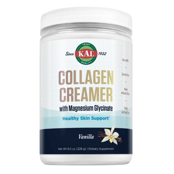 A white plastic jar of KAL Collagen Creamer with Magnesium Glycinate in Vanilla flavor, shown on a clean white background.
