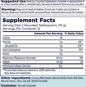 A close-up of a supplement facts label showing a daily supplement powder container. The label includes a warning, suggested use, and a detailed supplement facts table with nutrients like calories, total fat, magnesium, and sodium.