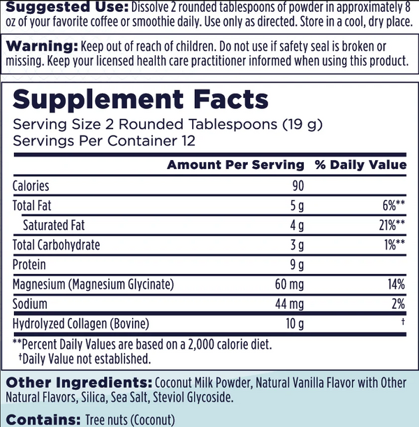 A close-up of a supplement facts label showing a daily supplement powder container. The label includes a warning, suggested use, and a detailed supplement facts table with nutrients like calories, total fat, magnesium, and sodium.