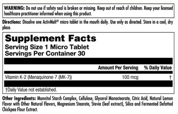 KAL K-2 MK-7 100mcg 30 Lemon Micro Tablets