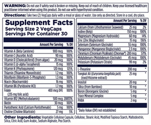 A supplement facts label for VegCaps showing serving size, daily value percentages, and a list of ingredients and other ingredients. The label is photographed against a white background.
