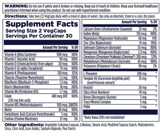 A supplement facts label for VegCaps showing serving size, daily value percentages, and a list of ingredients and other ingredients. The label is photographed against a white background.