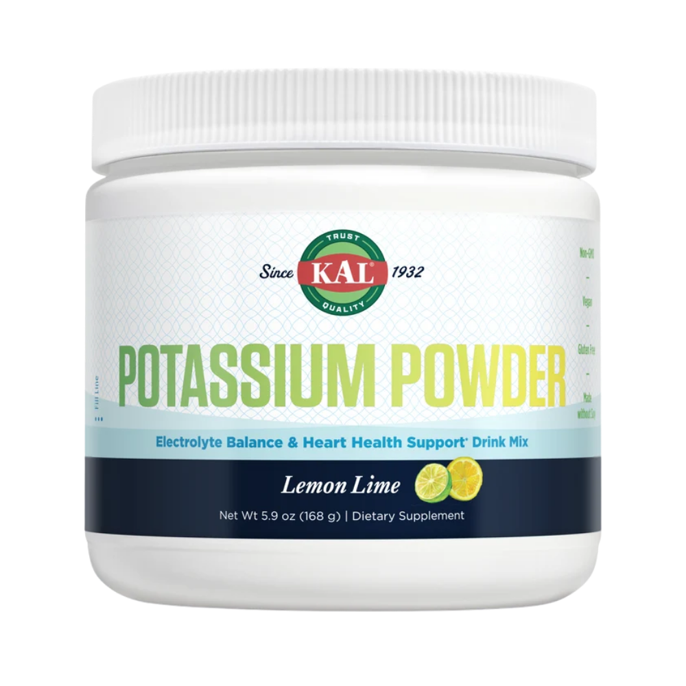 A white plastic tub of KAL Potassium Powder in Lemon Lime flavor, featuring a white ribbed cap and a label with green and yellow text on a white background.