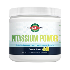 A white plastic tub of KAL Potassium Powder in Lemon Lime flavor, featuring a white ribbed cap and a label with green and yellow text on a white background.