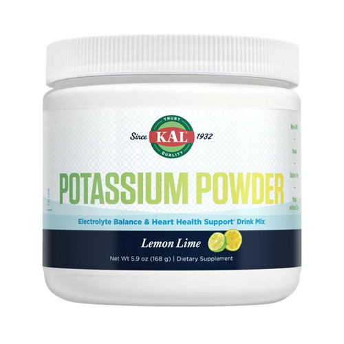 A white plastic tub of KAL Potassium Powder in Lemon Lime flavor, featuring a white ribbed cap and a label with green and yellow text on a white background.
