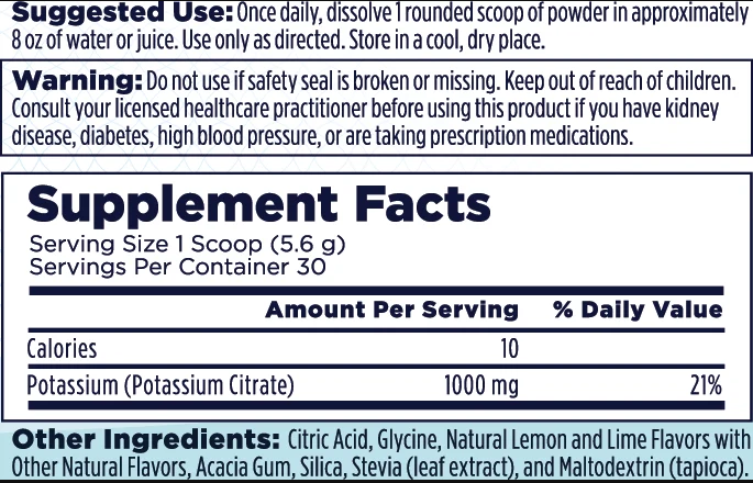 A white plastic tub of KAL Potassium Powder in Lemon Lime flavor, featuring a white ribbed cap and a label with green and yellow text on a white background.