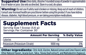 A close-up of a supplement facts label showing serving size, servings per container, calories, potassium content, and other ingredients text.