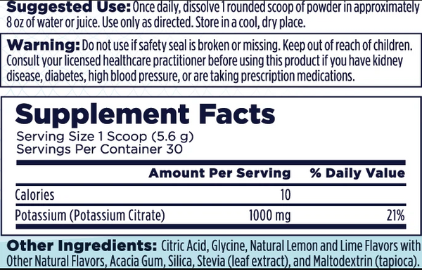 A close-up of a supplement facts label showing serving size, servings per container, calories, potassium content, and other ingredients text.