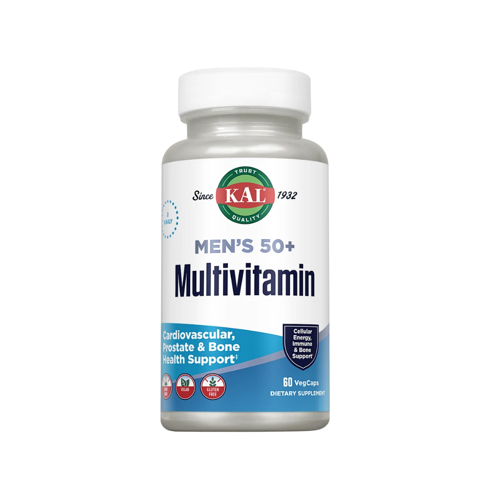 A white bottle of KAL Men's 50+ Multivitamin dietary supplement on a solid white background.
