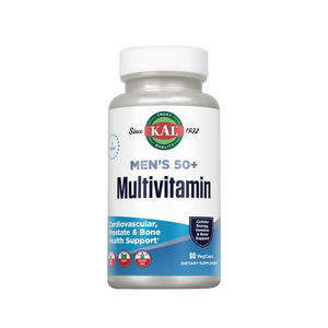 A white bottle of KAL Men's 50+ Multivitamin dietary supplement on a solid white background.