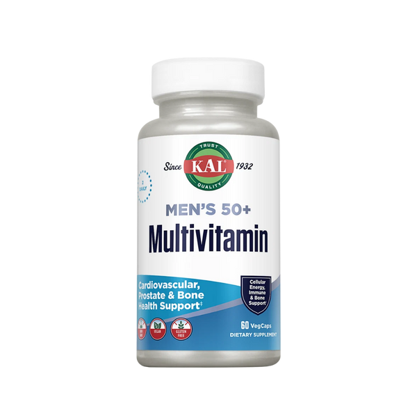 A white bottle of KAL Men's 50+ Multivitamin dietary supplement on a solid white background.