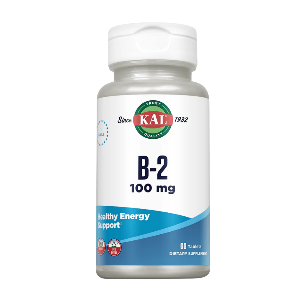 A bottle of Kal Vitamin B-2 (Riboflavin) 100mg 60 Tablets on a white background.
