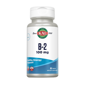 A bottle of Kal Vitamin B-2 (Riboflavin) 100mg 60 Tablets on a white background.