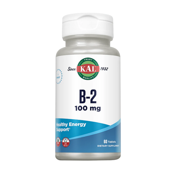 A bottle of Kal Vitamin B-2 (Riboflavin) 100mg 60 Tablets on a white background.