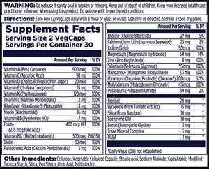 Front supplement facts panel from a VegCaps container, showing serving size, daily value percentages, listed nutrients in a table, and other ingredients/capsule details on a white background.