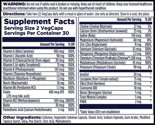 Front supplement facts panel from a VegCaps container, showing serving size, daily value percentages, listed nutrients in a table, and other ingredients/capsule details on a white background.