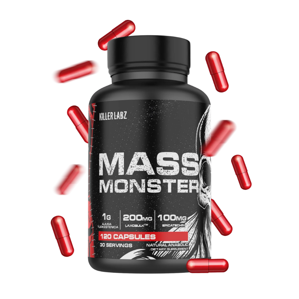Killer Labz Mass Monster 120 Capsules bottle on a white background with red capsules surrounding it.