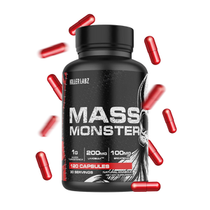 Killer Labz Mass Monster 120 Capsules bottle on a white background with red capsules surrounding it.