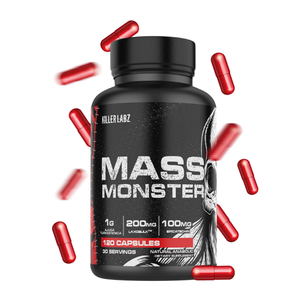 Killer Labz Mass Monster 120 Capsules bottle on a white background with red capsules surrounding it.