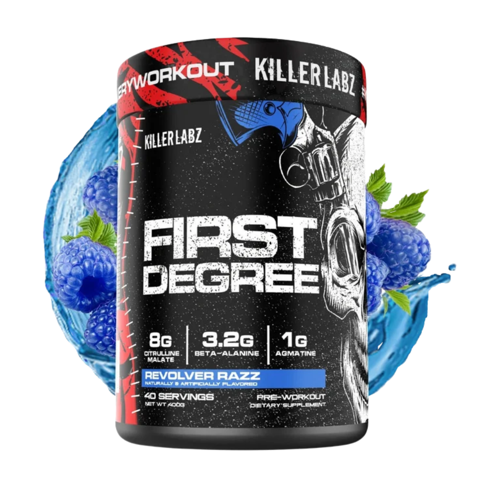 A tub of Killer Labz First Degree pre-workout supplement, featuring a black container with red and white graphics, surrounded by a blue raspberry splash graphic on a white background.