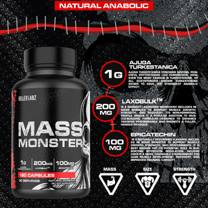 Killer Labz Mass Monster 120 Capsules highlights on a black and white background with the bottle on the left side of the image.