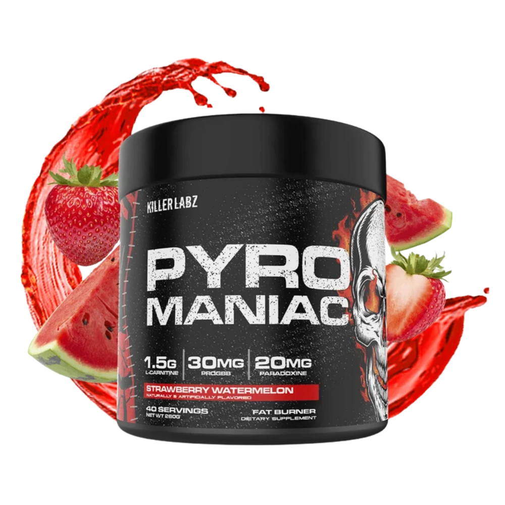 Killer Labz Pyro Maniac tub in the Strawberry Watermelon flavor on a white background