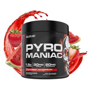 Killer Labz Pyro Maniac tub in the Strawberry Watermelon flavor on a white background