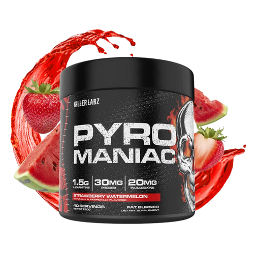 Killer Labz Pyro Maniac tub in the Strawberry Watermelon flavor on a white background