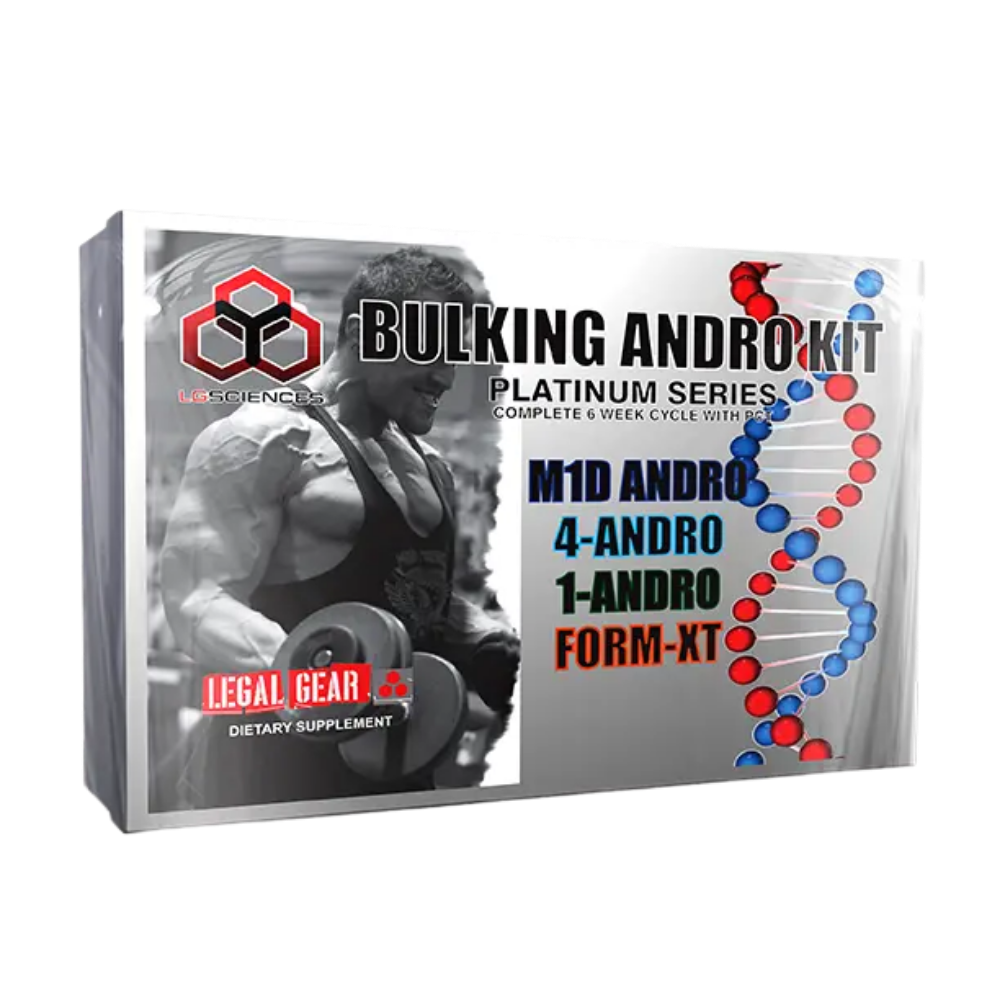LG Sciences Supplement package labeled 'Bulking Andro Kit' with a muscular person on the cover.