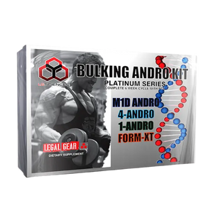 LG Sciences Supplement package labeled 'Bulking Andro Kit' with a muscular person on the cover.