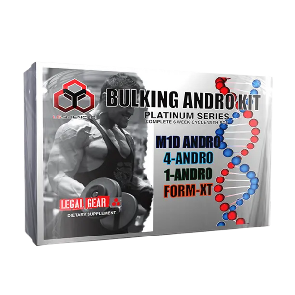 LG Sciences Supplement package labeled 'Bulking Andro Kit' with a muscular person on the cover.