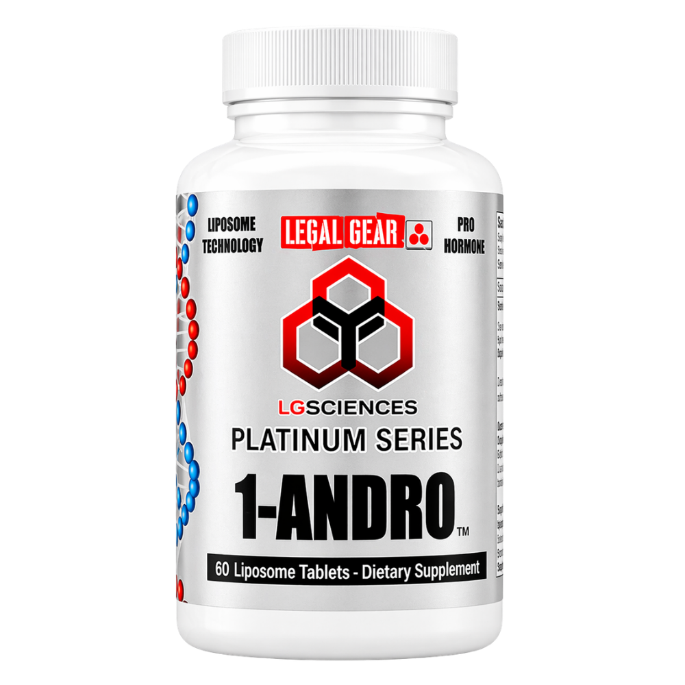 A supplement bottle for 'LG Sciences 1-Andro' on a white background